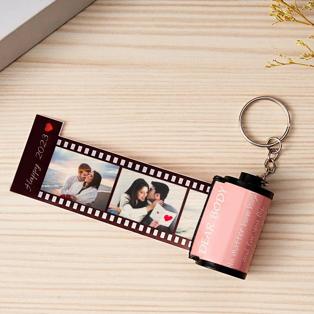 Custom Photo & Text Colorful Roll Film Keychain Camera Keychain with Wood Box Meaningful Gifts For Couples