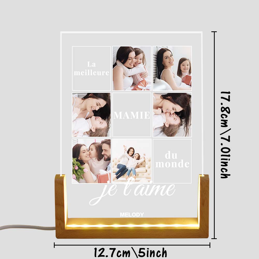 Custom Multi-Photo Acrylic Night Light with French Text – U-Shaped Walnut Wooden Base Mother's Day Gift