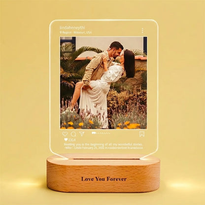Custom Photo Social Media Style Night Light with Engraved Text Wooden Base Home Decor Valentines Gift