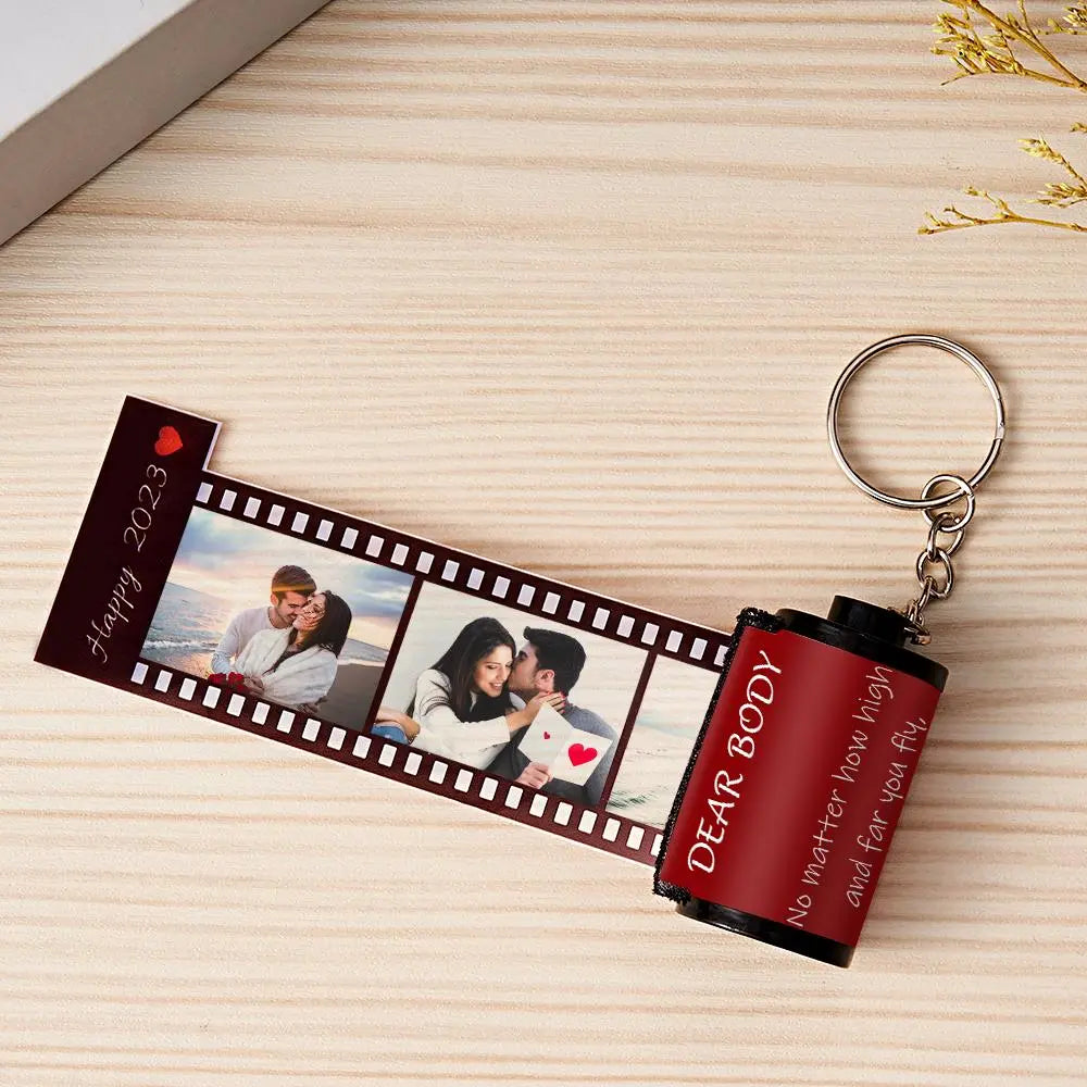 Custom Photo & Text Colorful Roll Film Keychain Camera Keychain with Wood Box Meaningful Gifts For Couples
