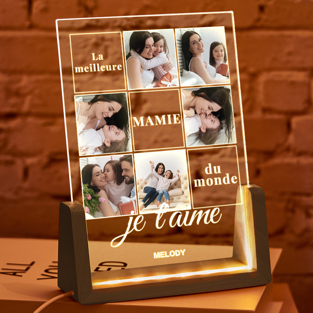 Custom Multi-Photo Acrylic Night Light with French Text – U-Shaped Walnut Wooden Base Mother's Day Gift