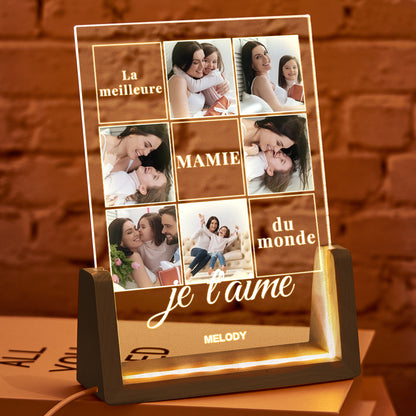 Custom Multi-Photo Acrylic Night Light with French Text – U-Shaped Walnut Wooden Base Mother's Day Gift