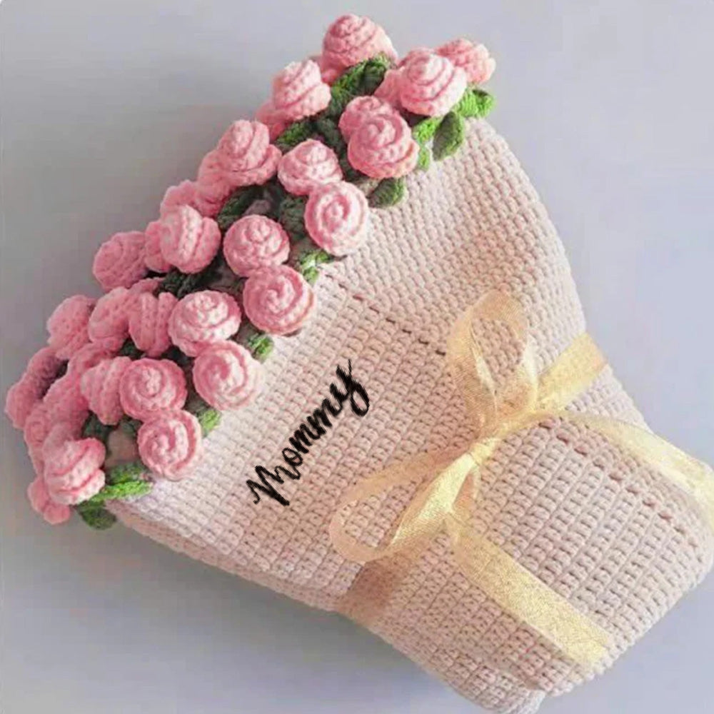 Custom Name Hand-Knitted Rose Blanket Ready-Made Gift for Mother's Day 80cm - 150cm