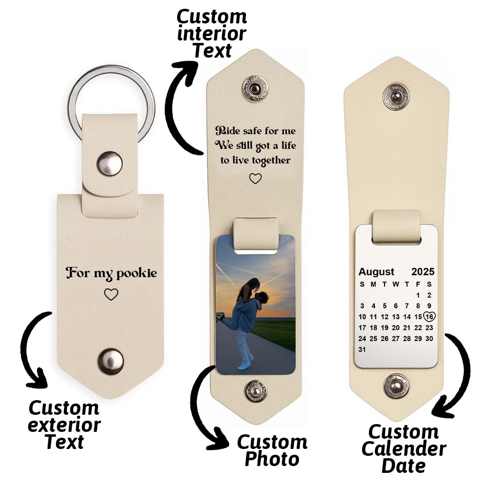 Personalized Photo and Calendar PU Leather Keychain with Custom Text Valentines Gifts for Him