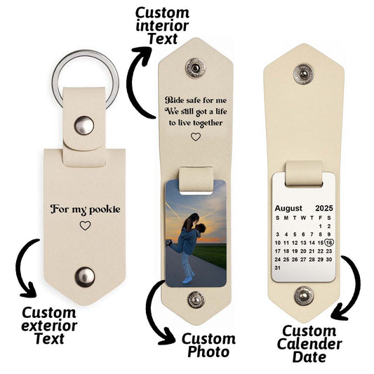 Personalized Photo and Calendar PU Leather Keychain with Custom Text Valentines Gifts for Him