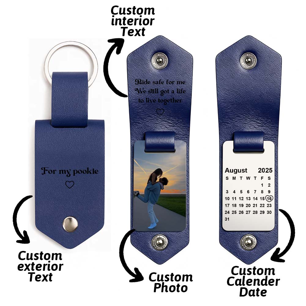 Personalized Photo and Calendar PU Leather Keychain with Custom Text Valentines Gifts for Him