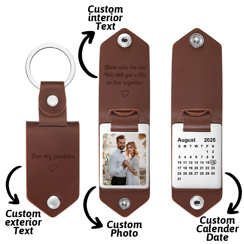 Personalized Photo and Calendar PU Leather Keychain with Custom Text Valentines Gifts for Him