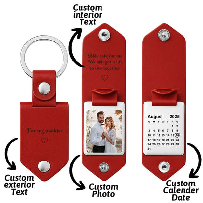 Personalized Photo and Calendar PU Leather Keychain with Custom Text Valentines Gifts for Him