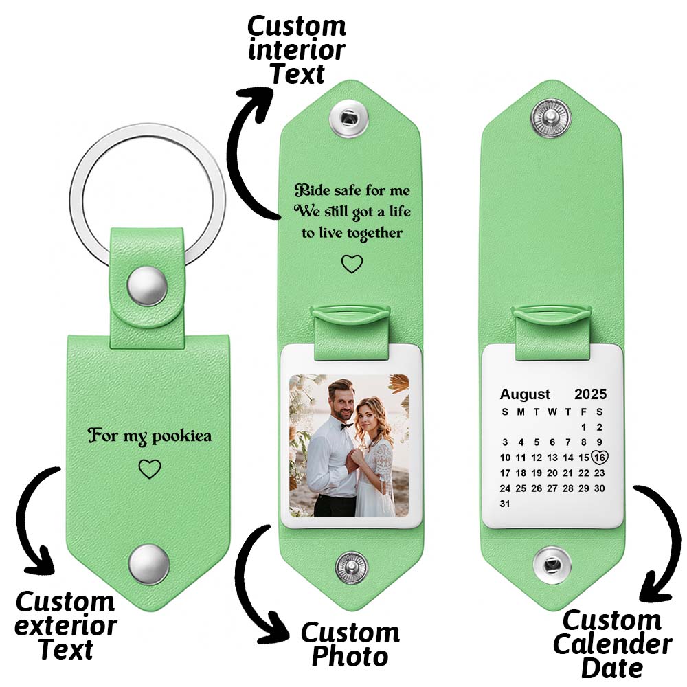 Personalized Photo and Calendar PU Leather Keychain with Custom Text Valentines Gifts for Him