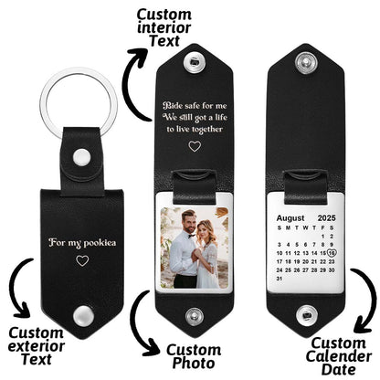 Personalized Photo and Calendar PU Leather Keychain with Custom Text Valentines Gifts for Him