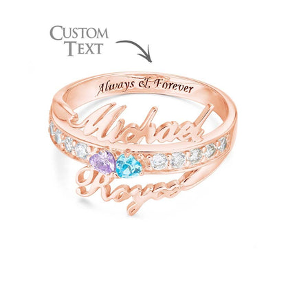 Custom Name and Text Double Heart Birthstone Promise Ring Anniversary Gift Valentines Gift
