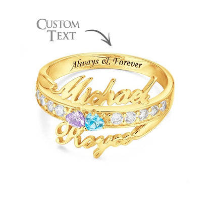 Custom Name and Text Double Heart Birthstone Promise Ring Anniversary Gift Valentines Gift